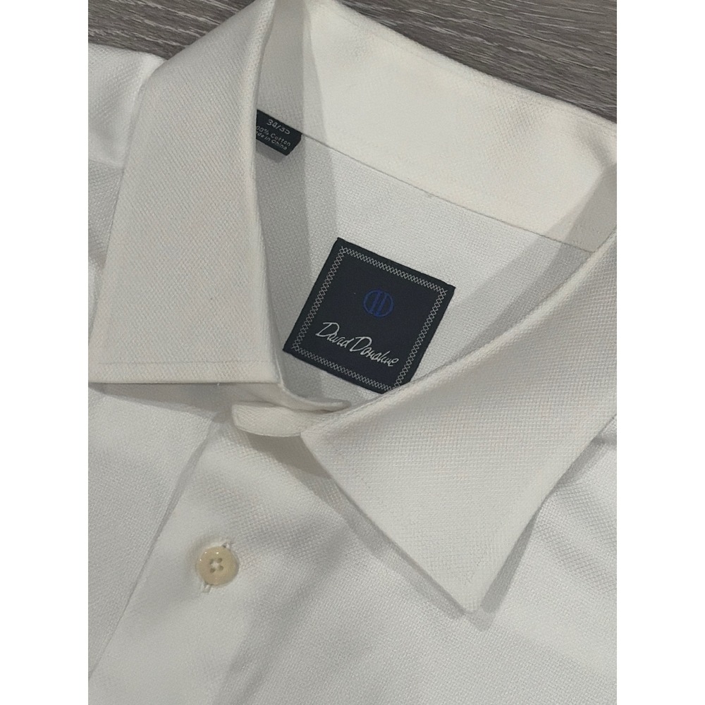 David Donahue Mens White Textured Cotton Dress Shirt 34/35 Spread Collar L/S